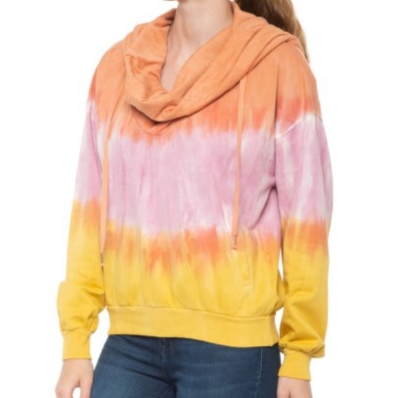Young Fabulous & Broke Pullover Hooded Cowl  Pockets Tie Dye Orange Pink L NWT - Picture 2 of 16
